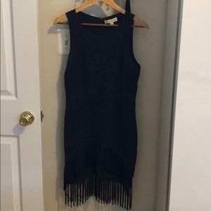 Navy mid-length dress with sewed detail and fringe